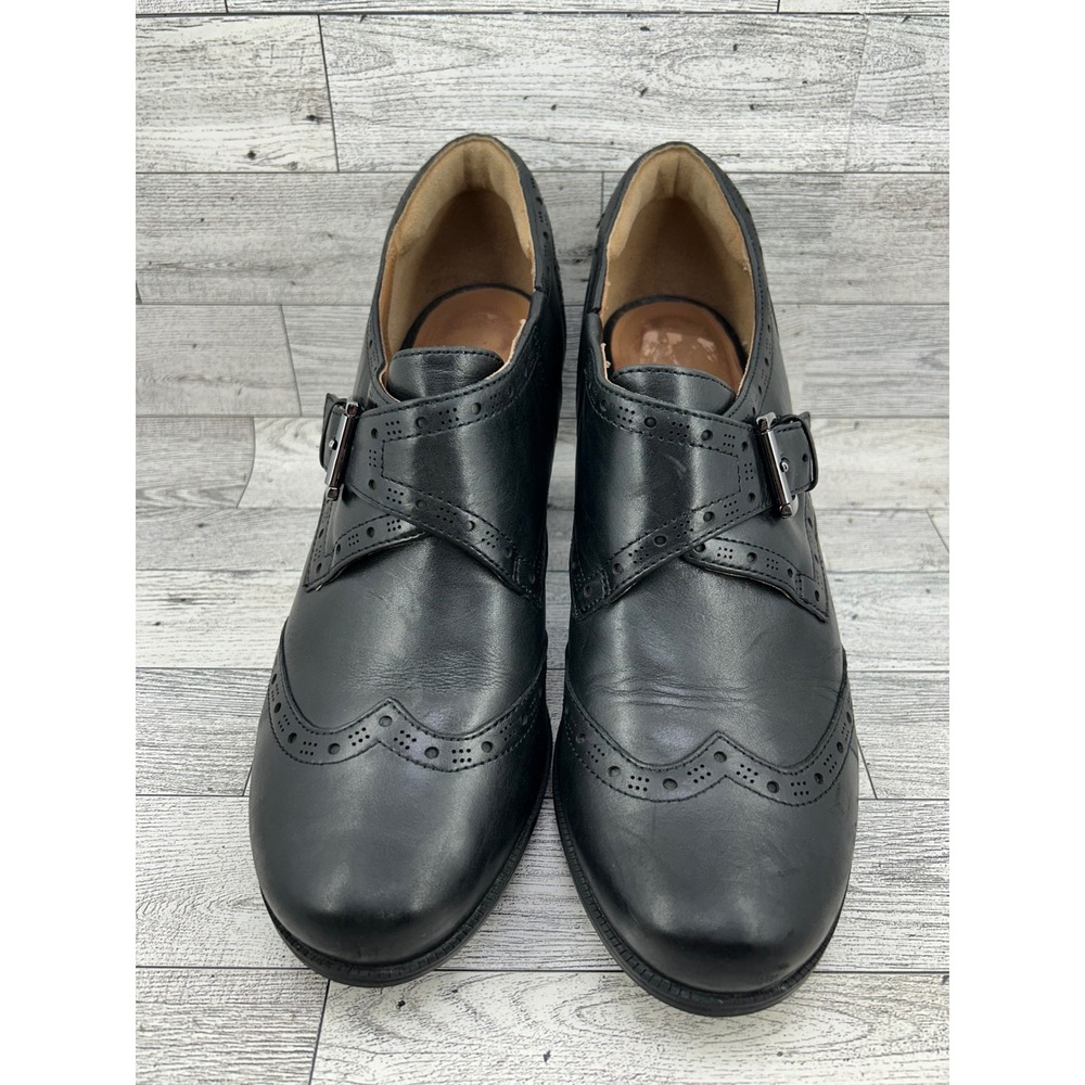 Clarks Women Sz 11M Black Leather Monk Strap Wingtip Brogue Block Heel Shooties